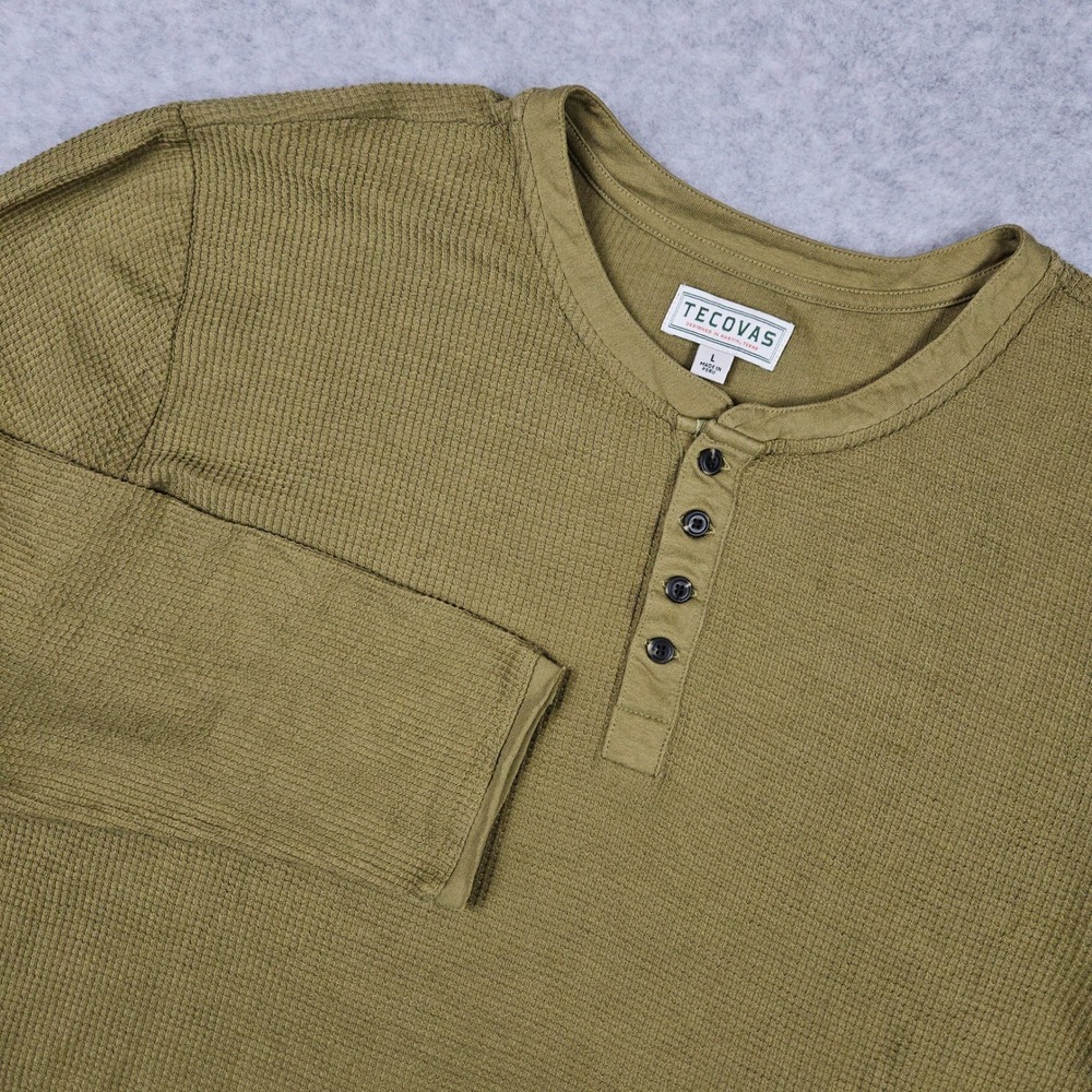 Tecovas (Men's Large) Green Henley Waffle Knit Pima Cotton Long Sleeve Thermal